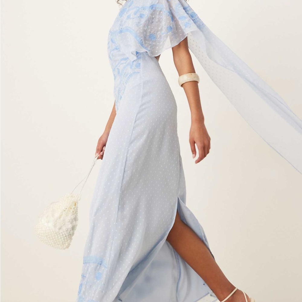 NWT ASOS DESIGN embroidered cape train maxi dress in baby blue
